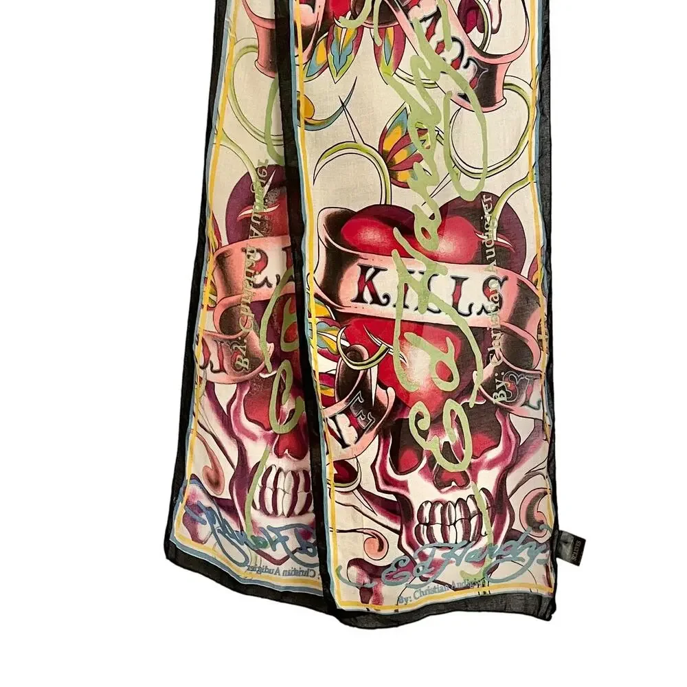 Ed Hardy x Christian Audigier Love Kills Slowly Long Scarf Y2K Skulls Hearts - Picture 2 of 8